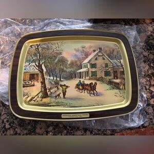 Vintage Currier Ives American Homestead Winter Metal Tray Rectangular Good Cond.